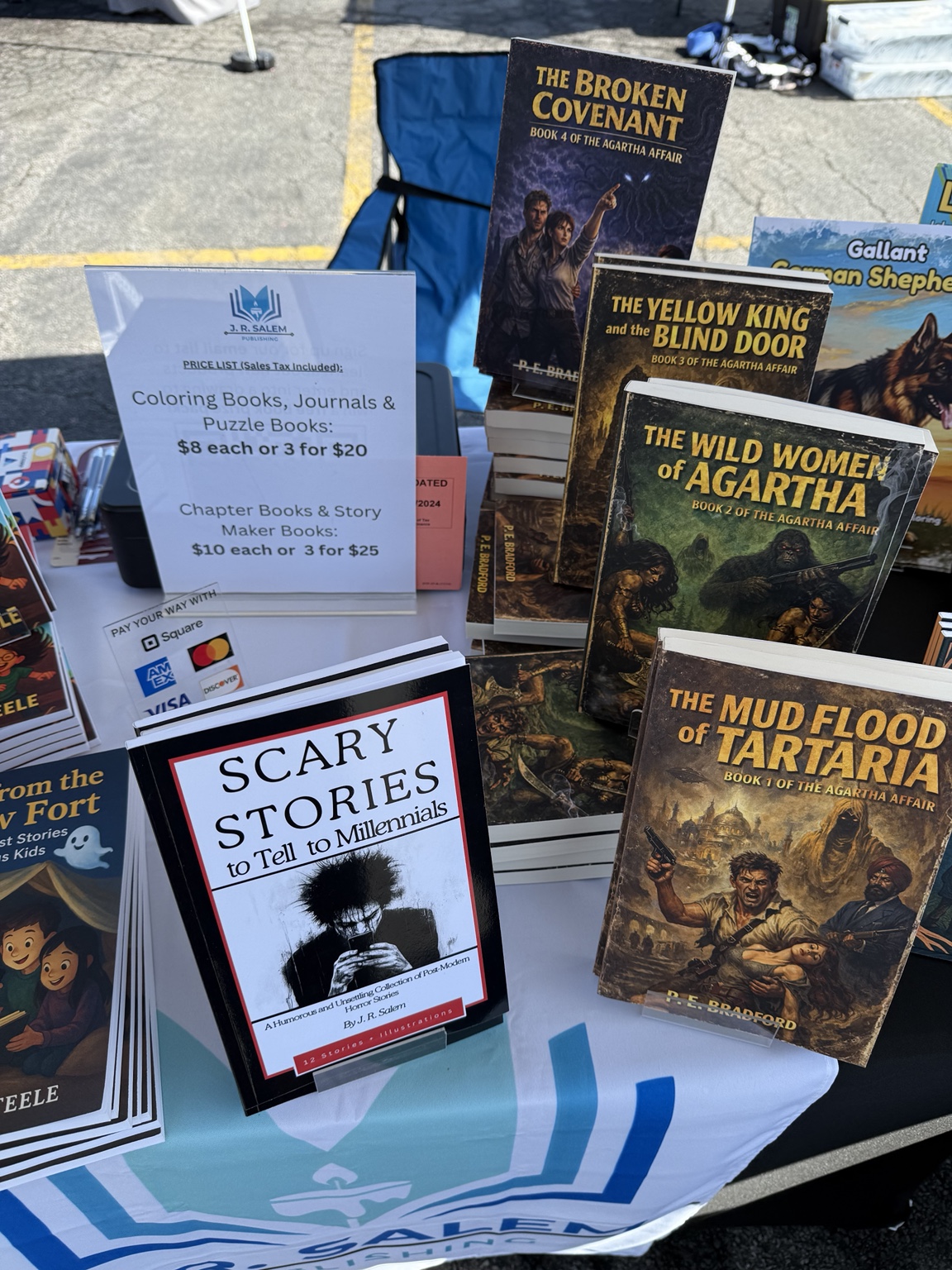 A broad assortment of J. R. Salem Publishing books arranged for display