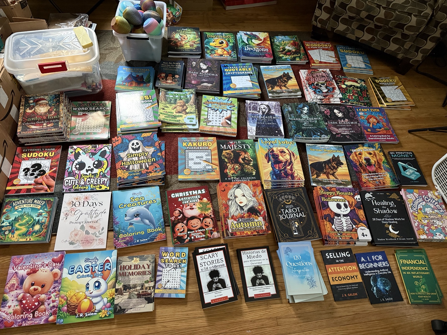 A colorful assortment of J. R. Salem activity and coloring books, including the Simply Series