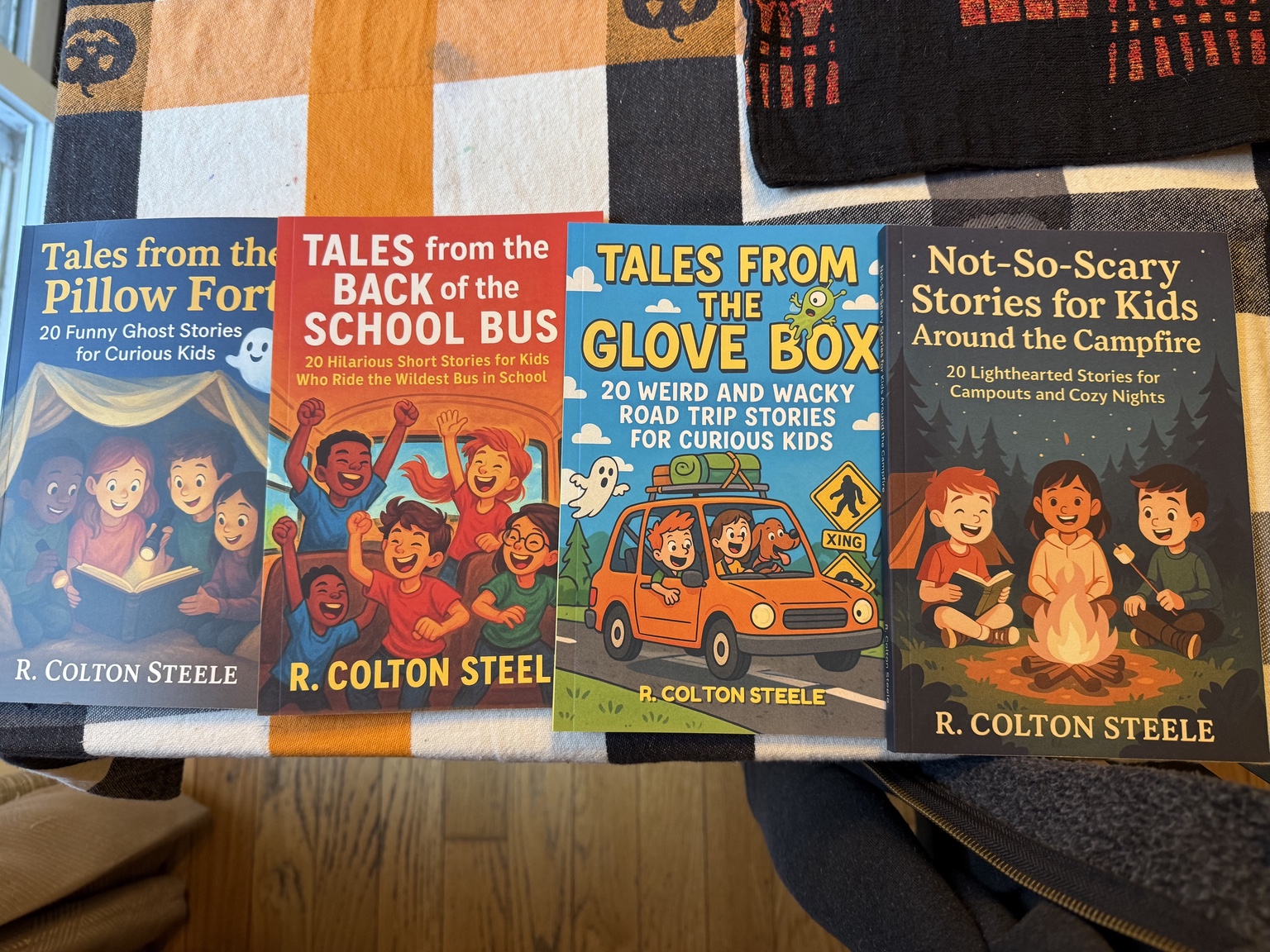 Four Wherever We Go story collections: Pillow Fort, School Bus, Glove Box, and Campfire