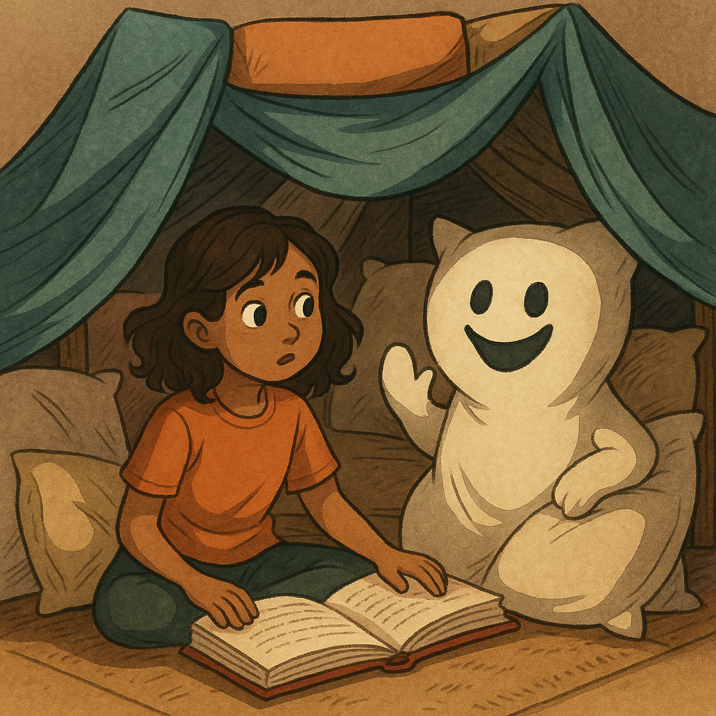 A curious child reading beside a friendly ghost inside a pillow fort