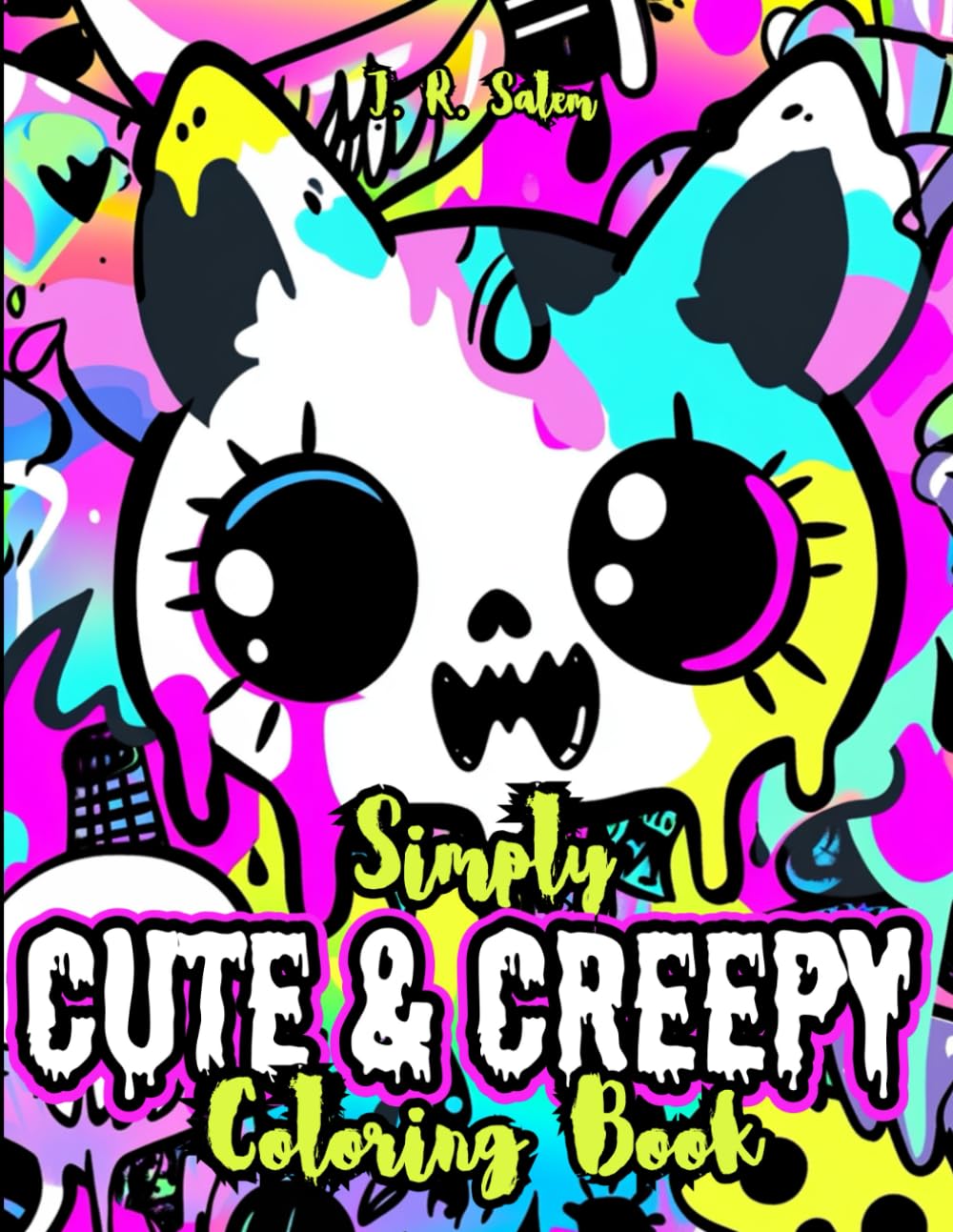 Cover of Simply Cute & Creepy Coloring Book by J. R. Salem, featuring a colorful cartoon skull