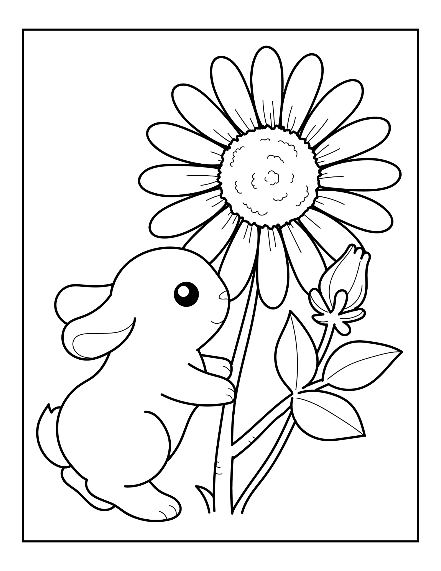 Sample coloring page from Simply Easter showing a bunny beside a large flower